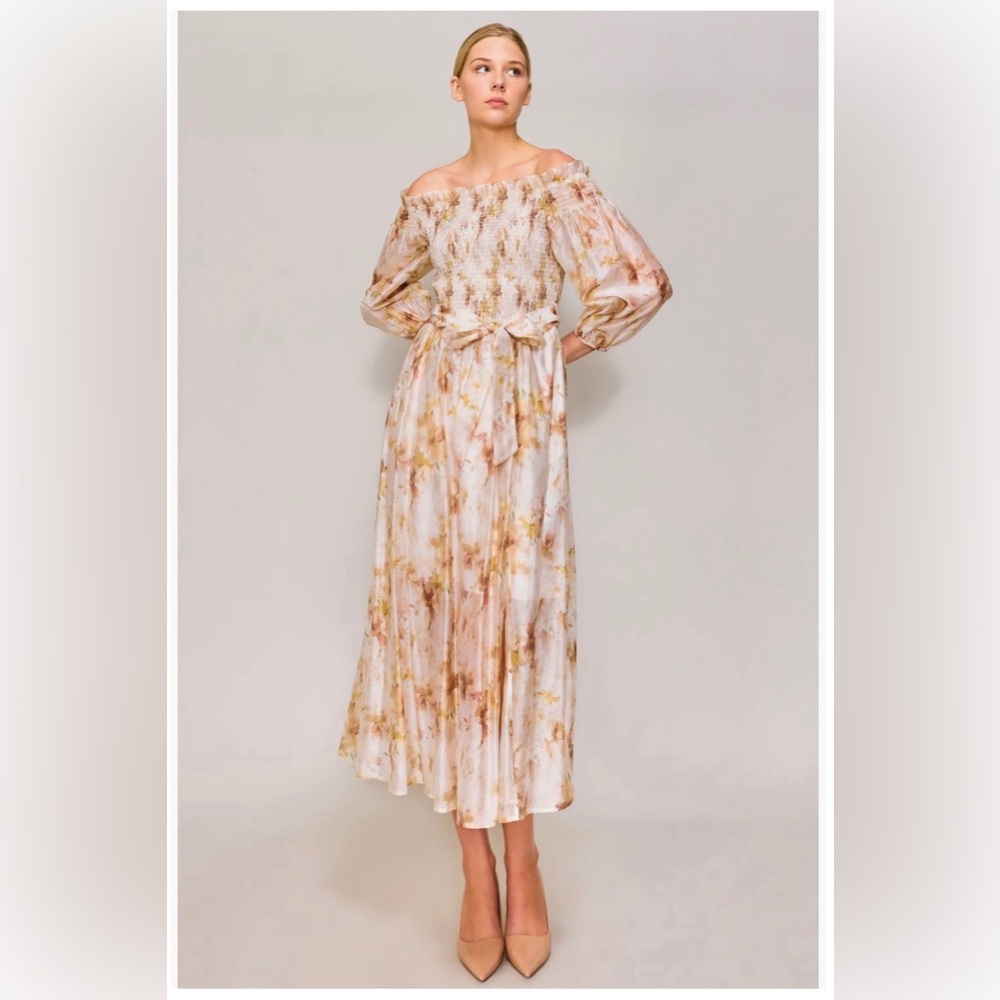 Melloday Smocked Bodice Long Sleeve Organza Midi Sundress